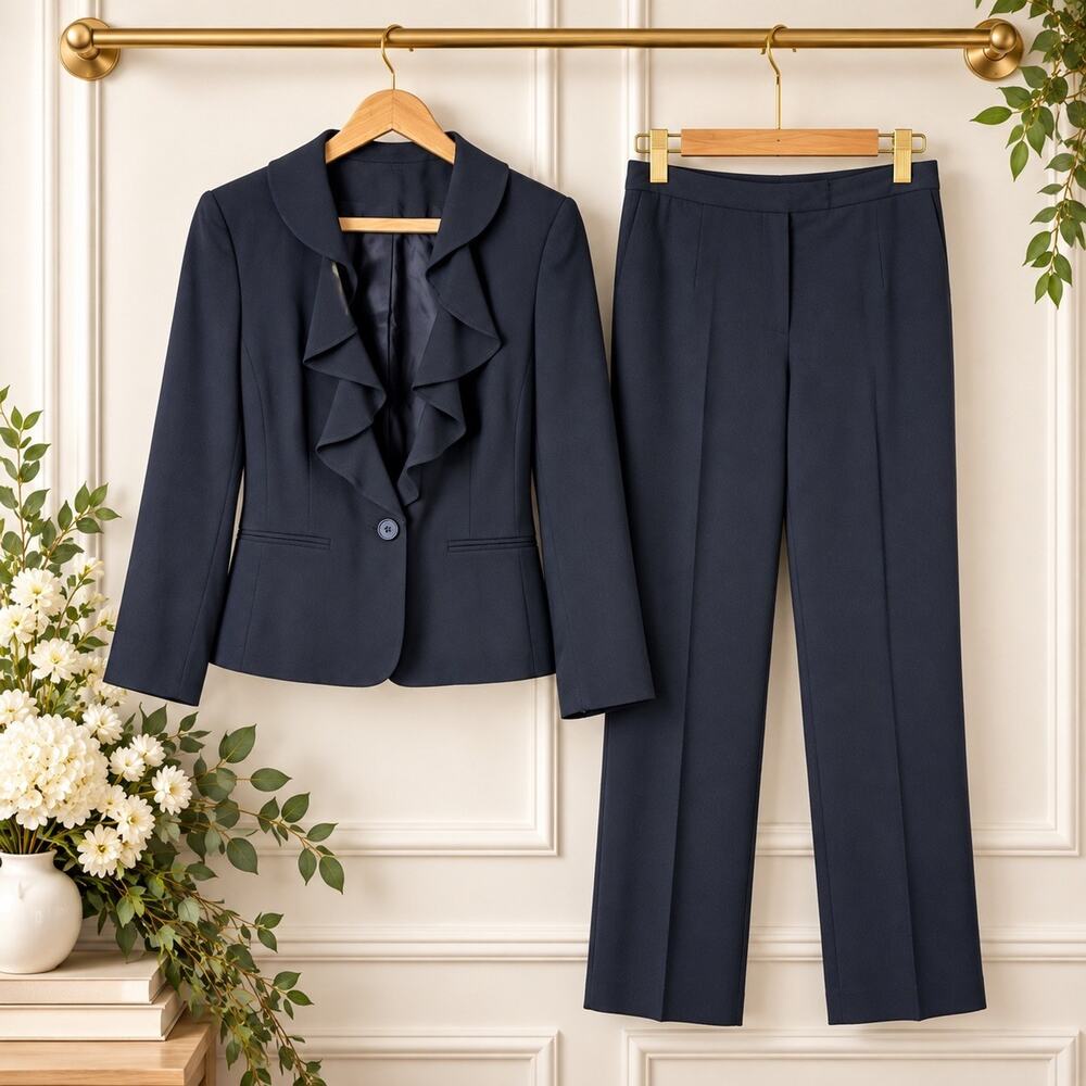 Nygard Womens Black Pant Suit Blazer 8 Pants 6 Ruffle Career Workwear